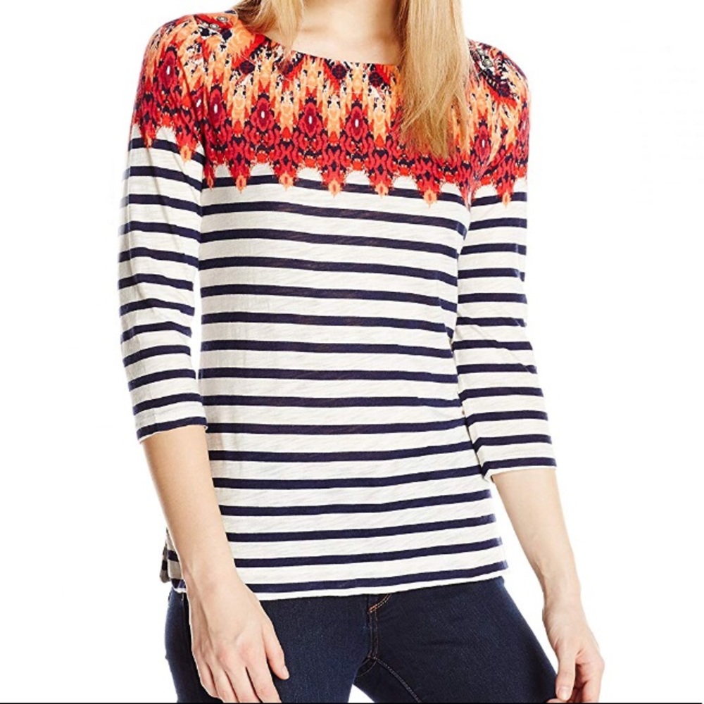Lucky Brand Boatneck Ikat Striped 3/4 Sleeve Top Size Small